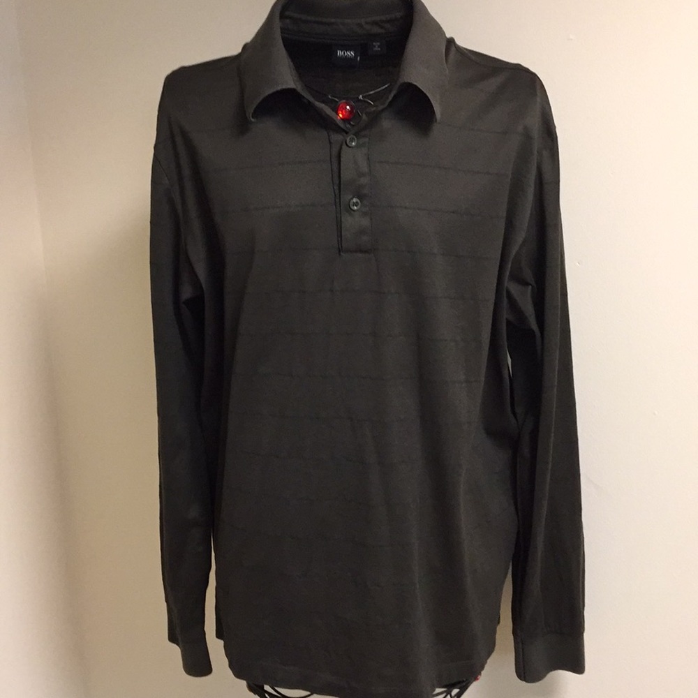 Hugo Boss Mens Polo Shirt Army Green Striped Button Up Long Sleeve Top XL